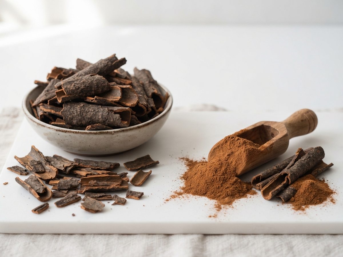Broken cassia bark in a bowl beside a wooden scoop of cassia powder.