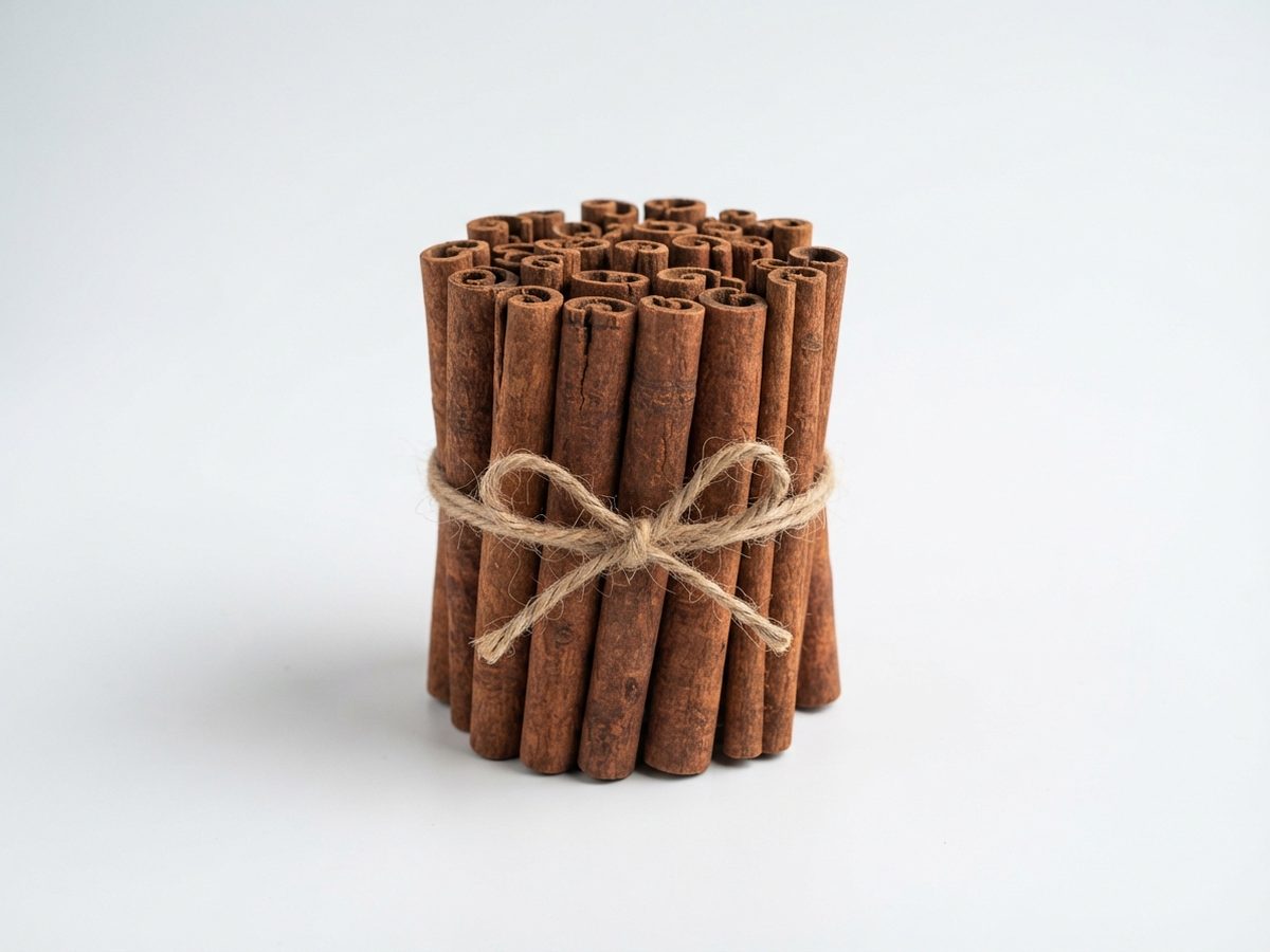 A tied bundle of Korintji cassia sticks standing upright on a white studio surface.