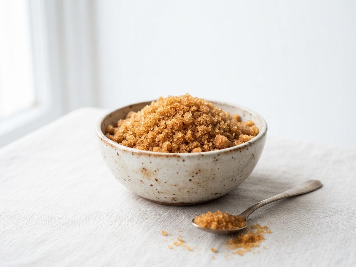 Golden brown granulated coconut sugar in a ceramic bowl with a spoonful beside it.