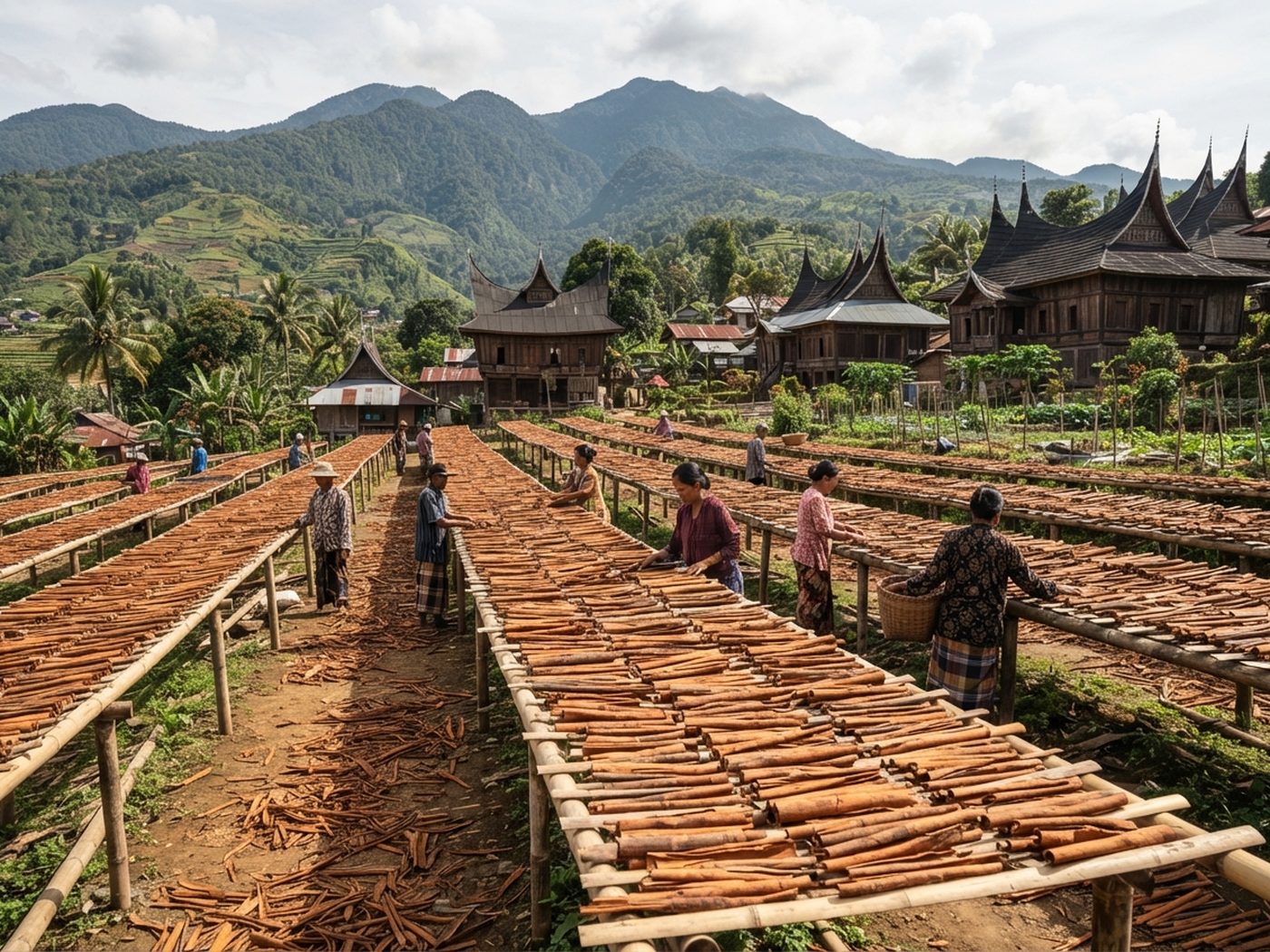 Cinnamon bark drying on raised wooden racks in a highland village, with traditional
                Minangkabau roofs and mountains behind.