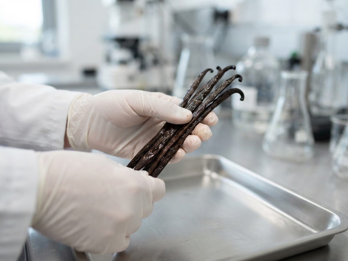 A gloved hand holding cured vanilla beans over a stainless tray in a laboratory.