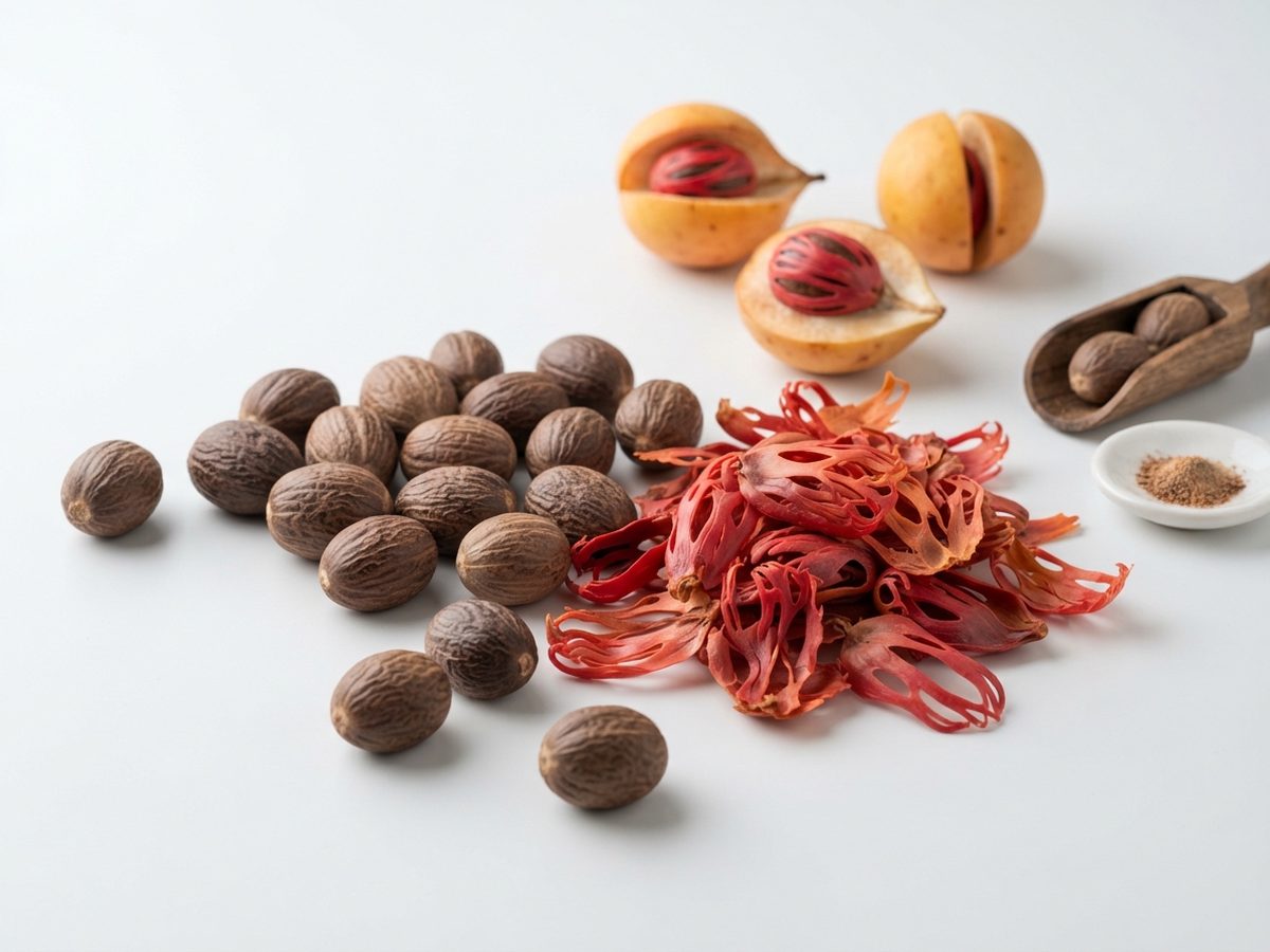 Whole nutmeg seeds, two split nutmeg fruits and a pile of red mace blades.