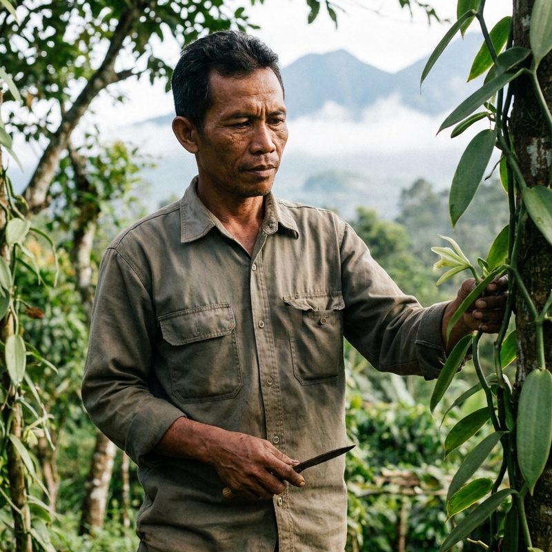 Afrizal Tanjung inspecting a flowering vanilla vine with a knife in his hand.