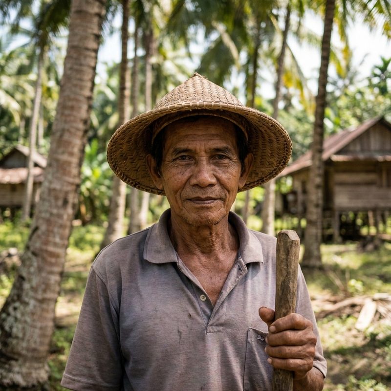 Hamdanis standing among coconut palms holding a tapping pole.