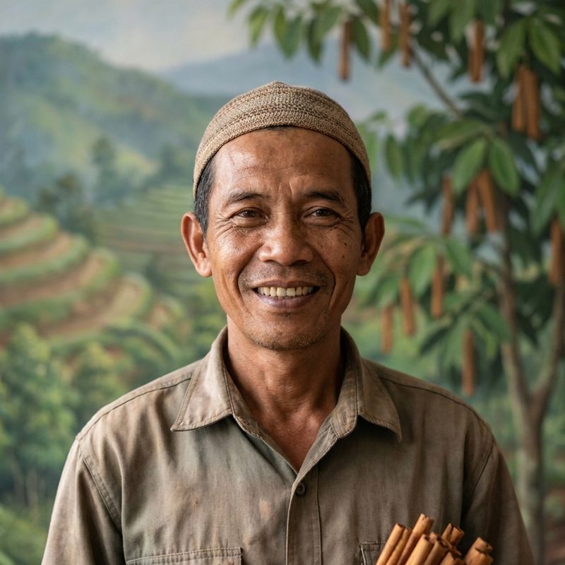 Rusdi Marlis holding a bundle of cassia sticks, standing in front of terraced hillsides.