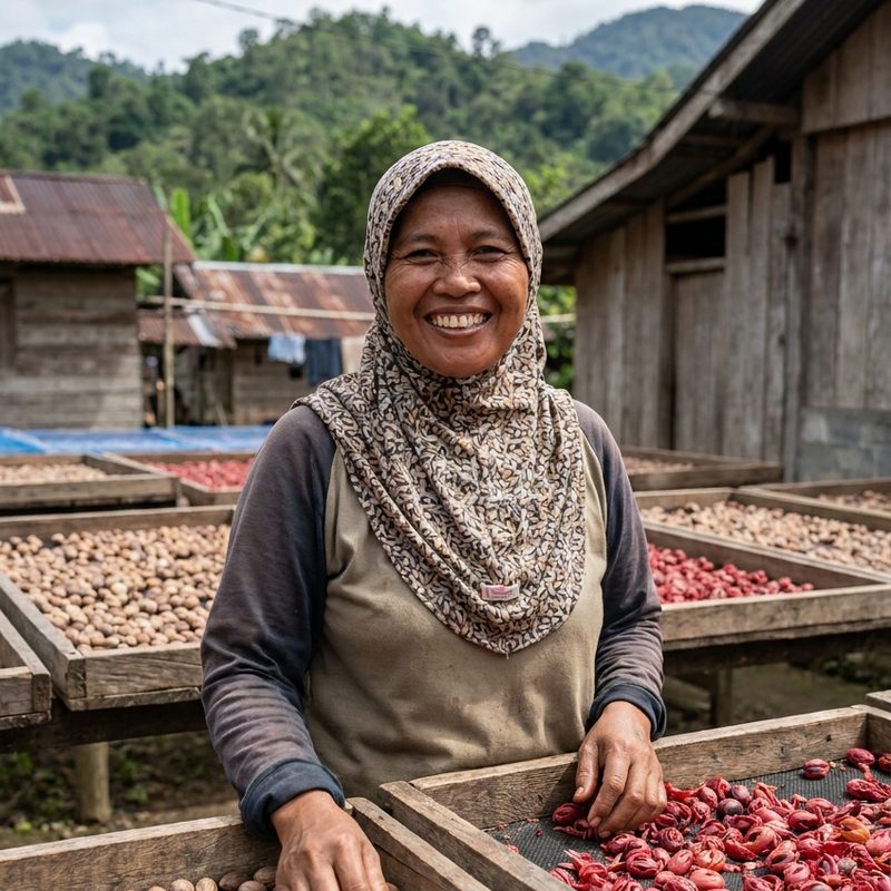 Yusnimar smiling beside drying trays of nutmeg seeds and red mace blades.