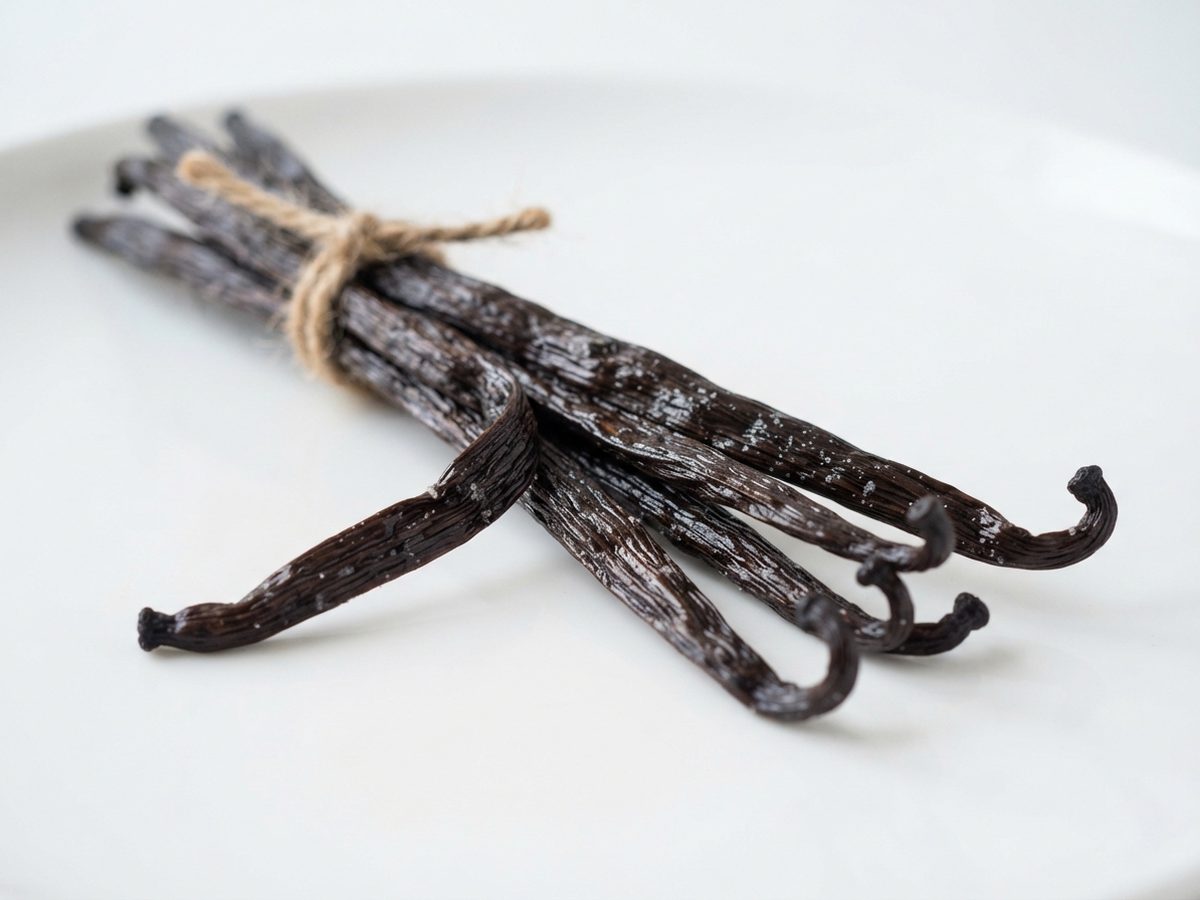 A tied bundle of gourmet grade vanilla beans on a white studio surface.