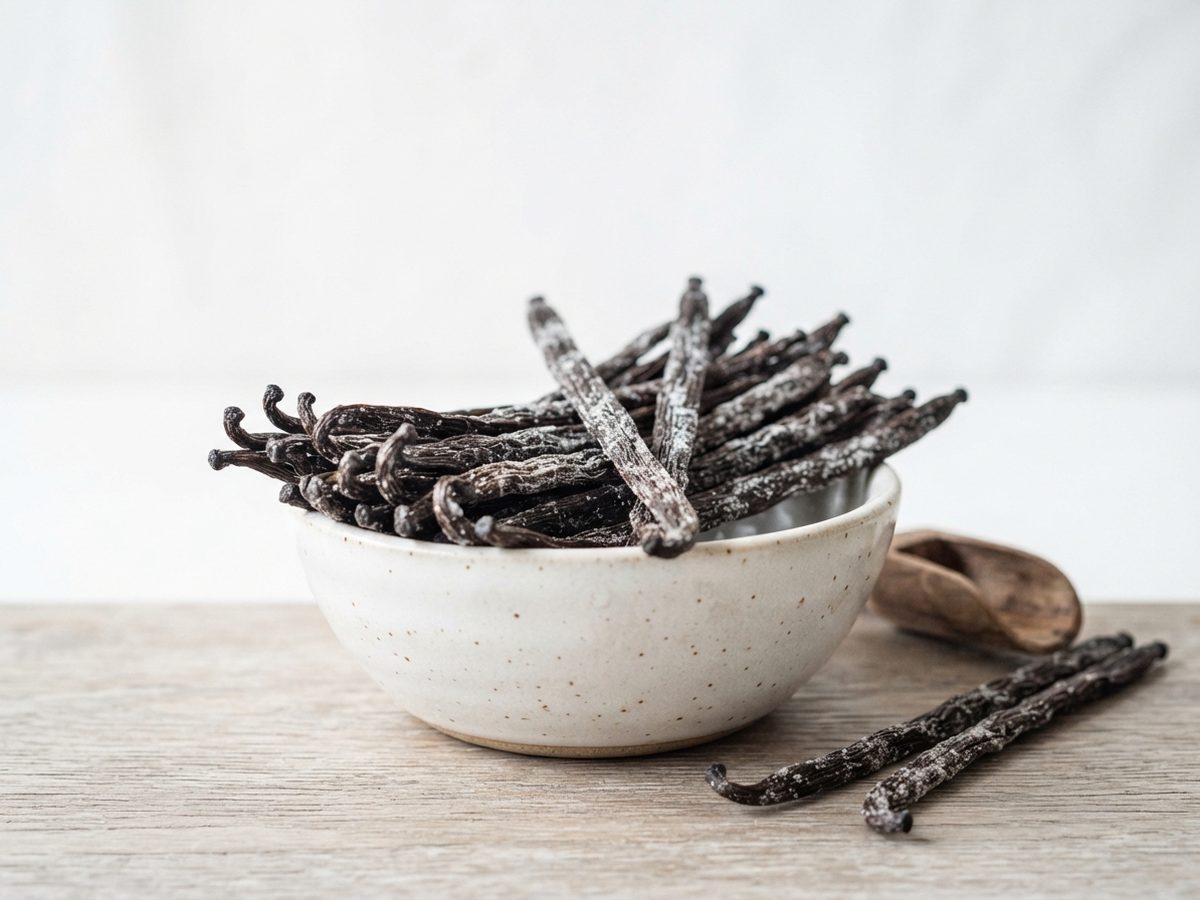 Extraction grade vanilla beans in a ceramic bowl with a few beans resting beside it.